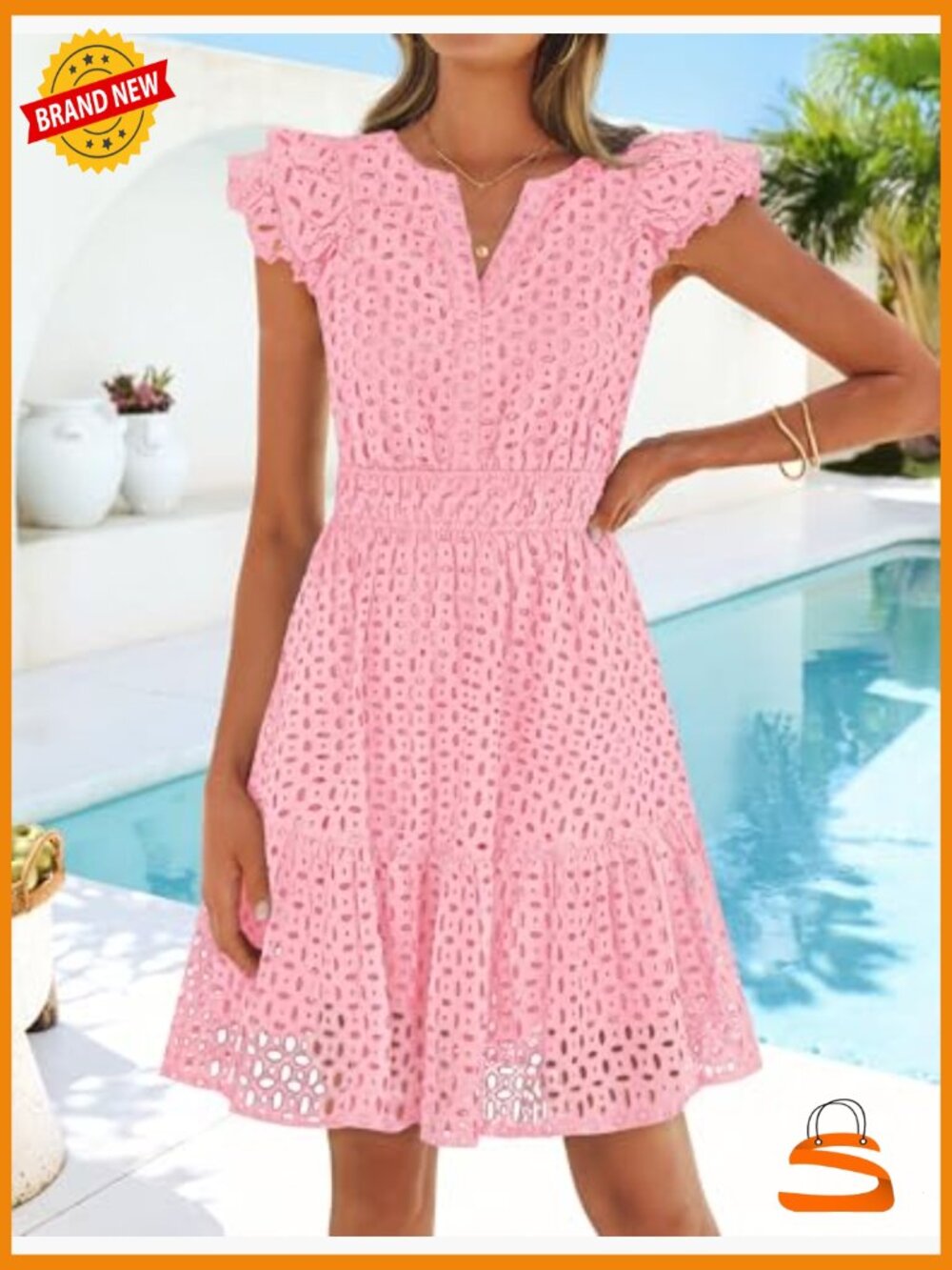 Women's Flutter Short Sleeve Mini Dress V Neck Eyelet A Line Swing Beach - Picture 4 of 7